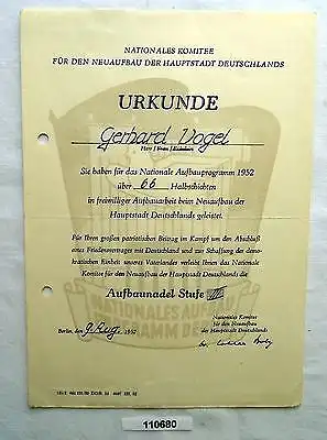 DDR Urkunde Nationales Aufbau Programm Berlin Stufe III 1952 (110680)