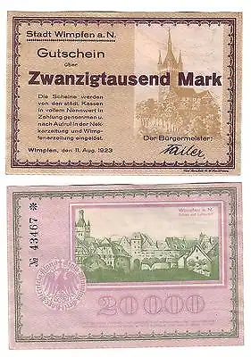 20000 Mark Banknote Inflation Stadt Wimpfen a.N. 11.08.1923 (112411)