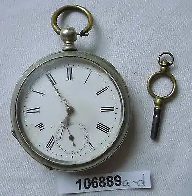 Schöne Nickel Herren Taschenuhr mit Schlüsselaufzug um 1910 (106889)