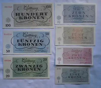 Satz Banknoten 1 bis 100 Kronen 7 Stück 1943 Ghetto Theresienstadt (114359)