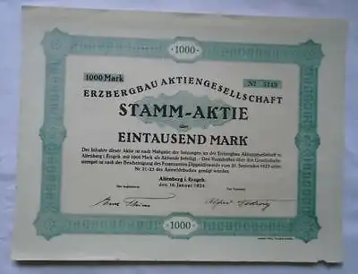 1000 Mark Stamm Aktie Erzbergbau Aktiengesellschaft Altenberg Jan. 1924 (121874)