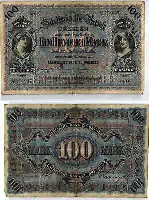 100 Mark Banknote sächsische Bank Dresden 02.01.1911 (123983)