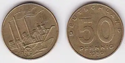50 Pfennig Messing Münze DDR 1950 Pflug vor Industrielandschaft (123068)