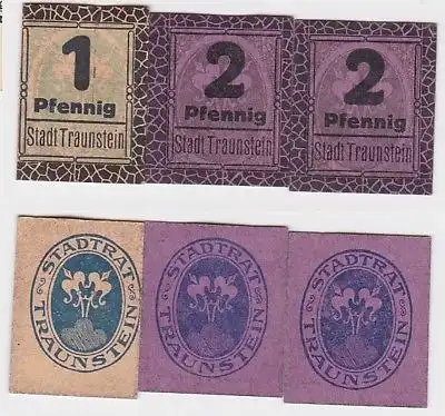 1 und 2 x 2 Pfennig Banknoten Stadt Traunstein um 1920 (123551)