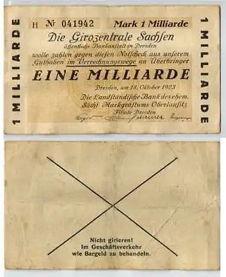 1 Milliarde Mark Banknote Girozentrale Sachsen Dresden 18.10.1923 (123529)