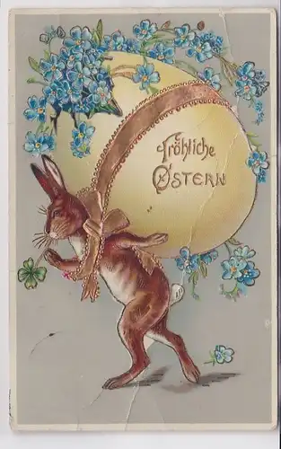 86296 Glückwunsch AK Fröhliche Ostern, Osterhase trägt riesiges geschmücktes Ei