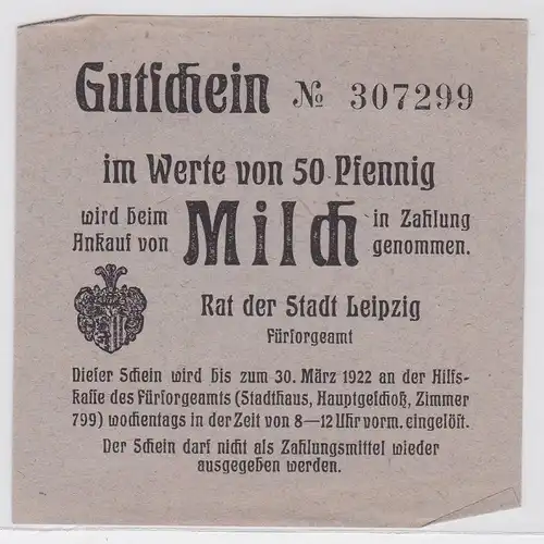 50 Pfennig Lebensmittel Gutschein Stadt Leipzig 30.03.1922 (120362)