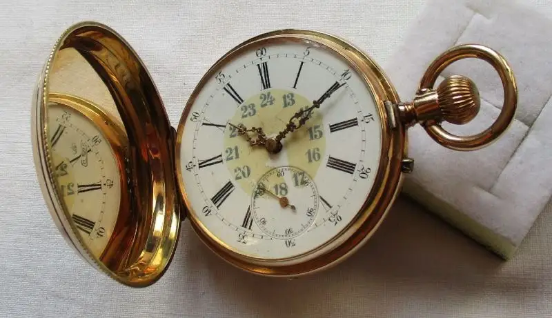 124139 Goldene Sprungdeckel Taschenuhr Remontoir Spiral Breguet 14K Gold um 1900 0