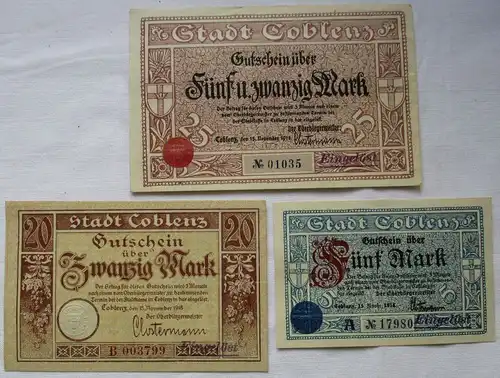 3 Banknoten 5 + 20 + 25 Mark Notgeld Coblenz 15. November 1918 (124640)