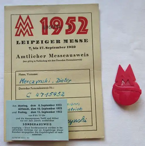 DDR Messeausweis / Sonderausweis Leipziger Herbstmesse 1952 + Abzeichen (124936)