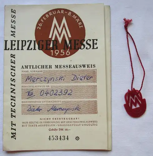 DDR Messeausweis Leipziger Frühjahrsmesse 1956 + Messeabzeichen (124862)