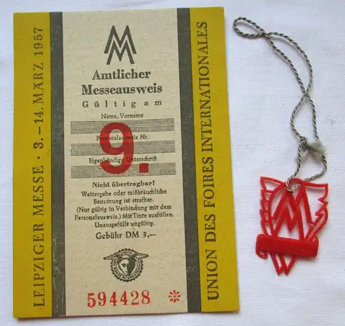 DDR Messeausweis Leipziger Frühjahrsmesse 1957 + Messeabzeichen (125008)