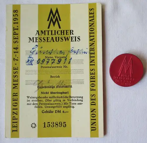 DDR Messeausweis Leipziger Herbstmesse 1958 + Messeabzeichen (124990)