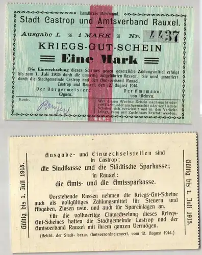 1 Mark 1914 Kriegs-Gut-Schein Stadt Castrop & Amstverband Rauxel (122254)