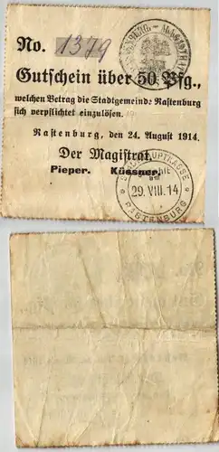 50 Pfennig Banknoten Notgeld Stadtgemeinde Rastenburg 24.08.1914 (120138)