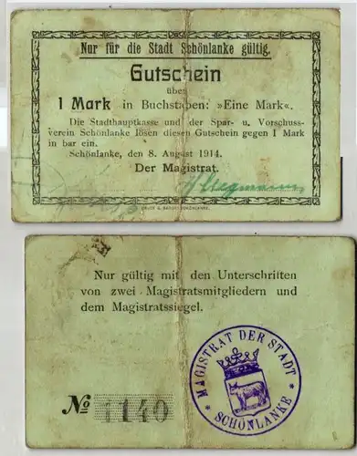 1 Mark Banknote Notgeld Stadt Schönlanke Trzcianka 8.August 1914 (121680)