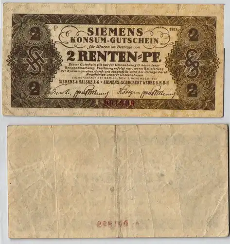 2 Rentenpfennig Banknote Siemens & Halske A.G. Konsum Gutschein 1923 (122378)