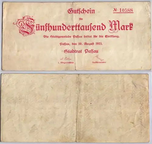 500000 Mark Banknote Inflation Stadt Passau 20.08.1923 (120499)