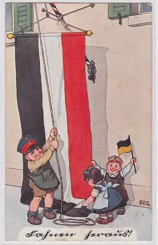87242 Patriotika AK Fahnen heraus! - Kinder in Uniform hissen Reichsfahne 1917