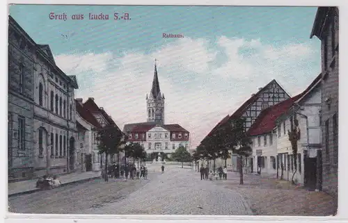 27718 Feldpost Ak Gruß aus Lucka S.-A. Rathaus und Geschäfte 1916