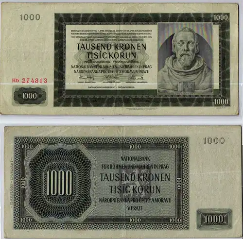 1000 Kronen Korun Banknote Protektorat Böhmen & Mähren 1942 (123996)