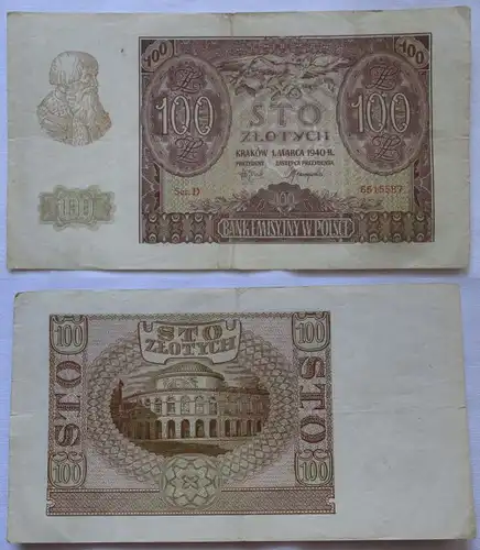 100 Zloty Banknote Polen Krakow Krakau 1.März 1940 (106669)