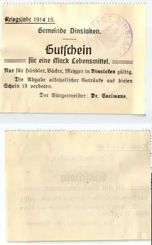 1 Mark Banknote Notgeld Gemeinde Dinslaken Kriegsjahr 1914/15 (123845)