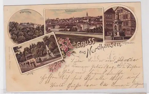 46932 Lithografie AK Gruss aus Nordhausen - Wilhelmshöhe, Lutherbrunnen 1903
