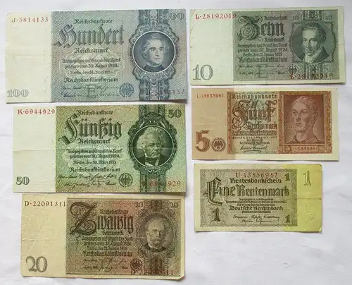 6 verschiedene Banknoten 1 bis 100 Mark Deutsches Reich (113828)
