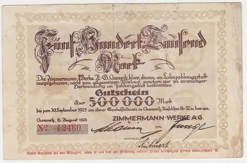 500000 Mark Banknote Chemnitz Zimmermann Werke AG 1923 (103693)