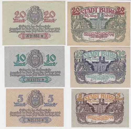 5, 10 & 20 Mark Banknoten Notgeld Stadt Burg Bez.Magdeburg 1918 (116557)