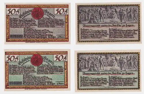 2 x 50 Pfennig Banknoten Notgeld Gemeinde Hagen 1.8.1921 (121846)