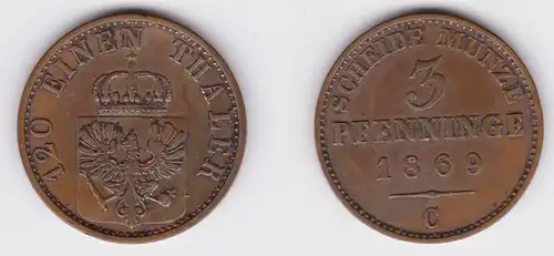 3 Pfennige Kupfer Münze Preussen 1869 C (122773)