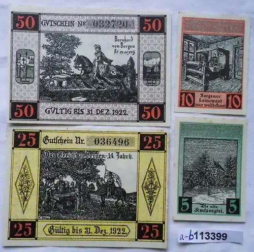 4 Banknoten Notgeld Stadt Bergen an der Dumme um 1921 kassenfrisch (113399)