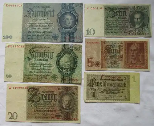 6 verschiedene Banknoten 1 bis 100 Mark Deutsches Reich (111753)