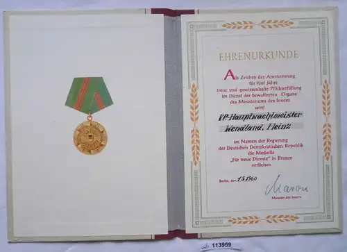 DDR Urkunde Medaille für treue Dienste Ministerium des Innern in Bronze (113959)