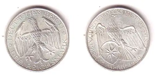 Silbermuenze 3 Mark Vereinigung Waldeck mit Preussen1929