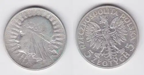 5 Zloty Silber Münze Polen Mädchenkopf 1934 (117388)