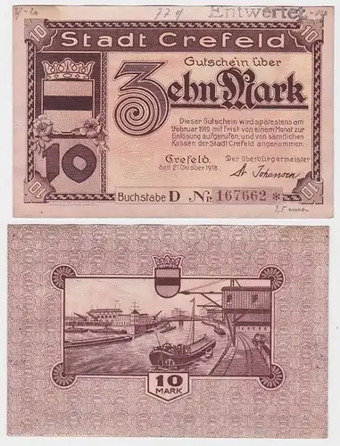 10 Mark Banknote Notgeld Stadt Crefeld 21.10.1918 (119049)
