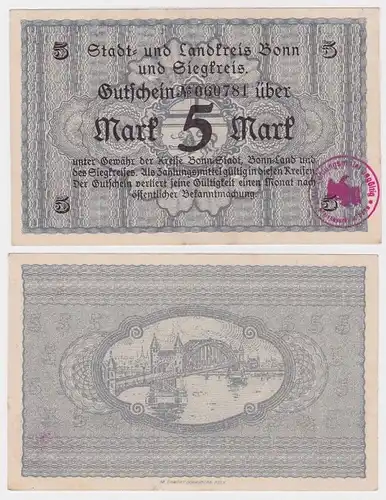 5 Mark Banknote Notgeld Stadt & Landkreis Bonn und Siegkreis 1918 (117034)