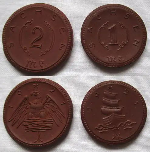 Porzellan Notgeld Münzen 1 und 2 Mark Sachsen 1921 (108946)