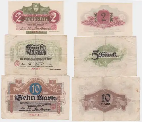 2, 5 und 10 Mark Banknoten Notgeld Stadt Neumünster 1918 (120824)