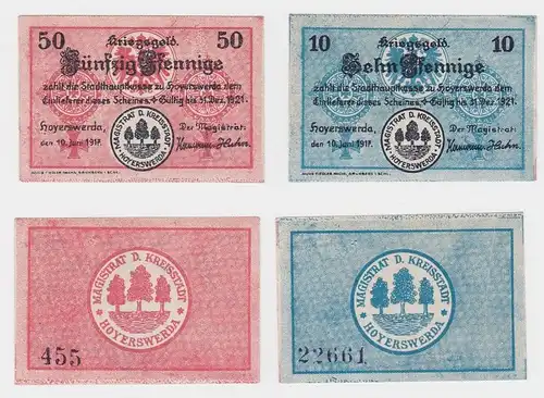 10 & 50 Pfennig Banknoten Notgeld Stadt Hoyerswerda 10.Juni 1917 (120606)