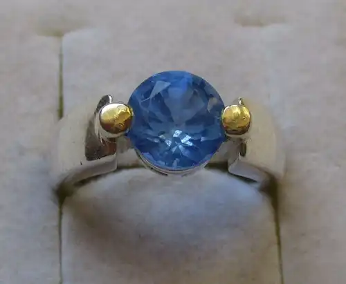 Eleganter teilvergoldeter 925er Sterling Silber Ring mit blauem Stein (126603)