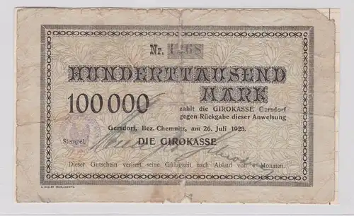 100000 Mark Banknote Inflation Gersdorf Bezirk Chemnitz 26.7.1923 (125949)