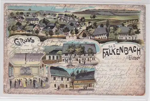 89429 Ak Lithographie Gruß aus Falkenbach im Erzgebirge Gasthaus 1905