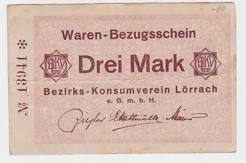 3 Mark Banknote Waren Bezugsschein Bezirks Konsumverein Lörrach  (105453)