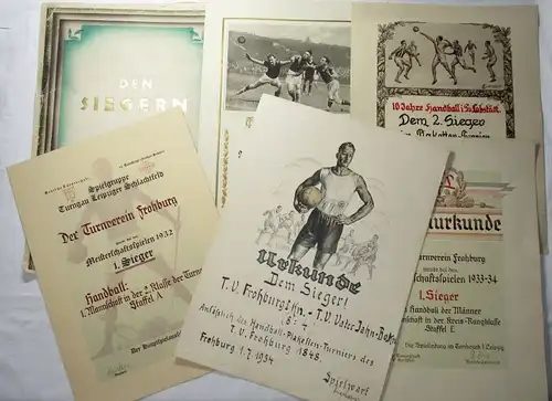 Urkundenmappe mit 5 Urkunden Turnverein Frohburg Handball 1932 (123113)