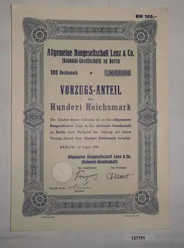 100 Mark Aktie Aktiengesellschaft für Baugesellschaft Lenz Berlin 1935 (127751)