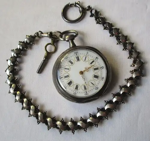 Hochwertige Feinsilber Taschenuhr mit Schlüsselaufzug & Goldverzierung (125425)